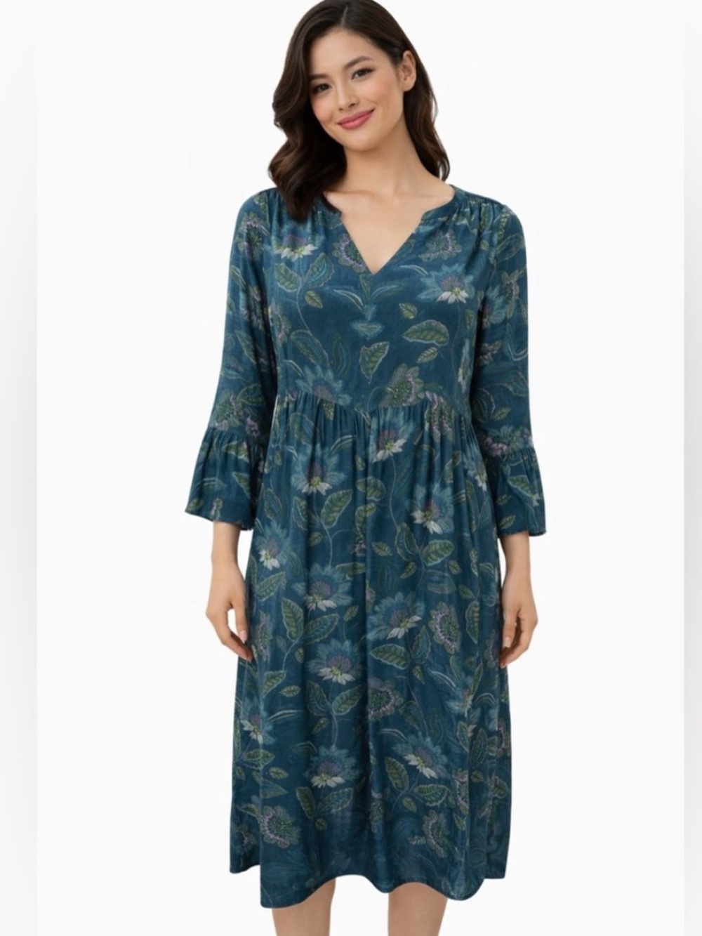 J. Jill Teal Floral V-Neck Midi Dress
